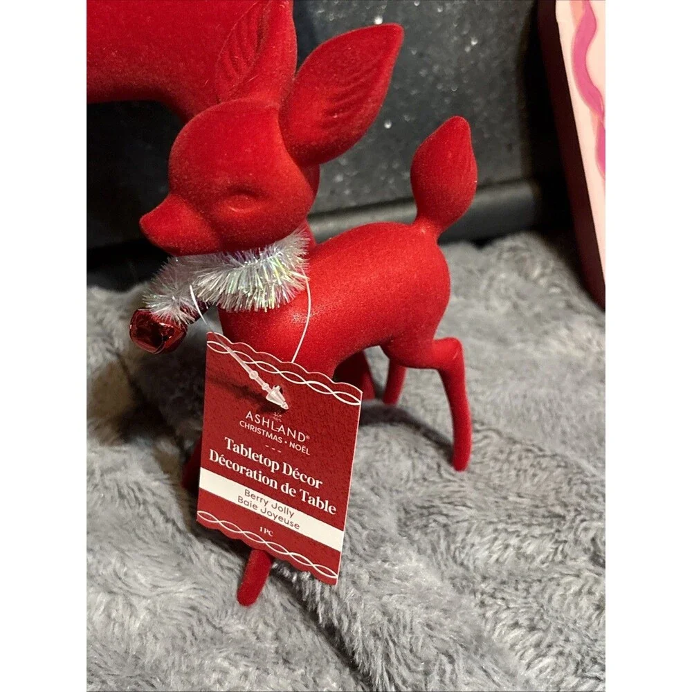 NWT Ashland Red Flocked Tabletop Deer Christmas Holiday Lot Of 2 11.5” And 6.5”